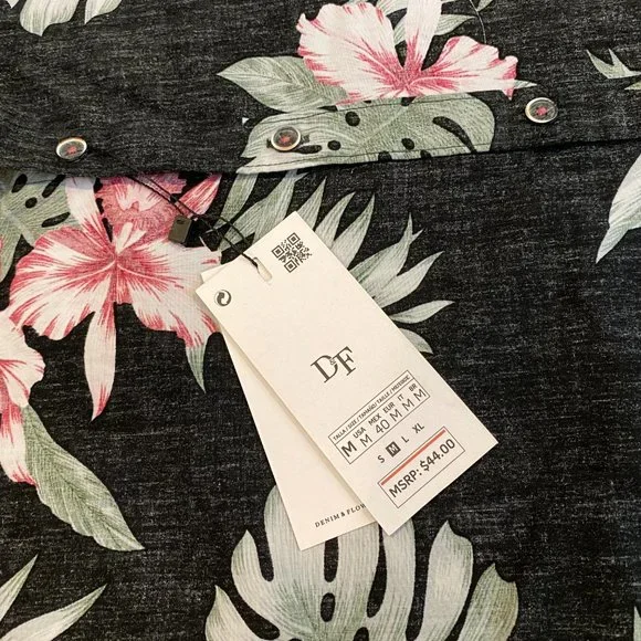 Denim & Flower Mens Poplin Hawaiian Flower Floral Button Up Short Sleeve M New - Picture 4 of 9